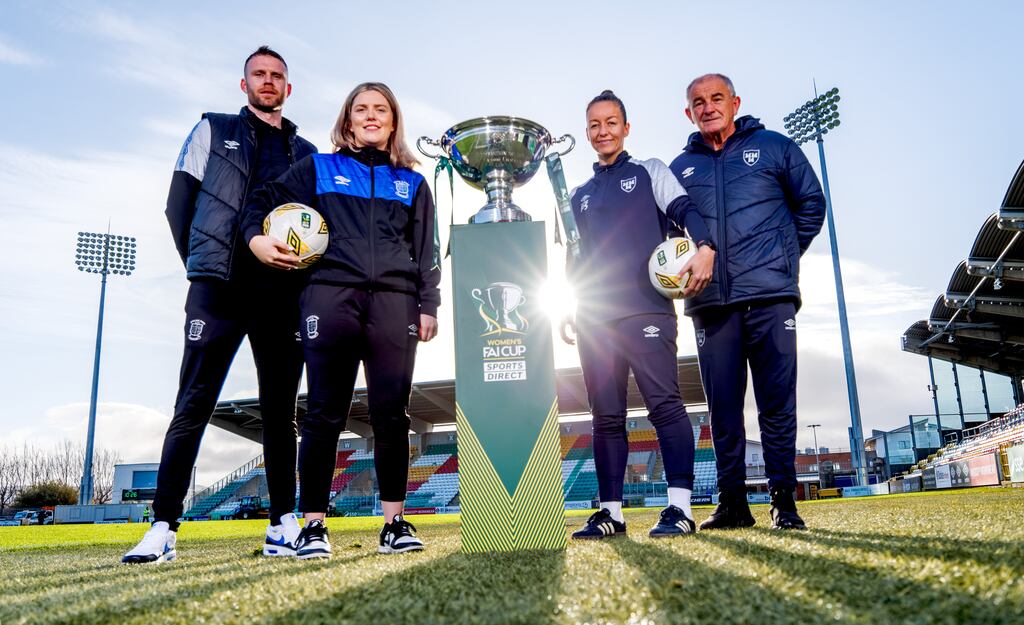 Athlone Town manager Ciarán Kilduff and Laurie Ryan with Shelboune’s manager Noel King and Pearl Slattery ahead of the Women's FAI Cup Final. Photograph: James Crombie/Inpho