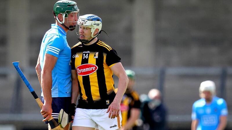 Dublin’s Chris Crummey and Kilkenny’s TJ Reid get acquainted at Parnell Park. Photograph: Ryan Byrne/Inpho