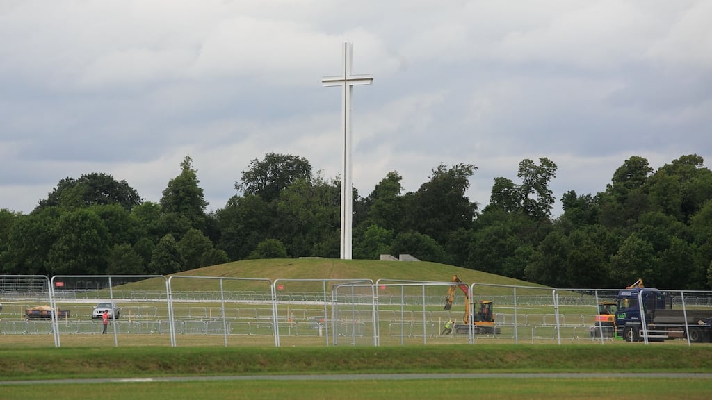 Preparations at the Papal Cross in the Phoenix Park for the forthcoming visit of Pope Francis: when the pope arrives on Saturday, August 25th, road closures will be in place across the city centre and north inner city until 5pm. Photograph: Gareth Chaney Collins