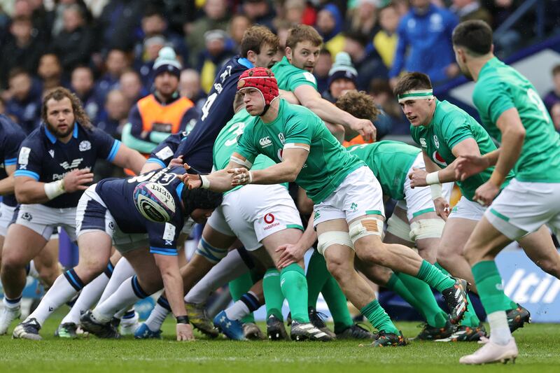 Josh van der Flier of Ireland passes the ball out of the scrum - it’s difficult to know where to start with the World Player of the Year other that he lived up to that status. Photograph: David Rogers/Getty Images)