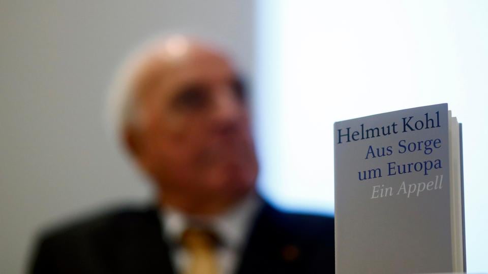 Former German chancellor Helmut Kohl presents his new book Aus Sorge um Europa (Out of Concern for Europe) during a news conference in Frankfurt, earlier this week. Photograph: Reuters/Kai Pfaffenbach