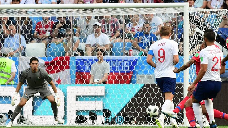 A shot from Ruben Loftus-Cheek takes a deflection on its way in for England’s sixth goal against Panama in the Group G match at the Nizhny Novgorod Stadium. Photograph: Martin Bernetti/AFP/Getty Images