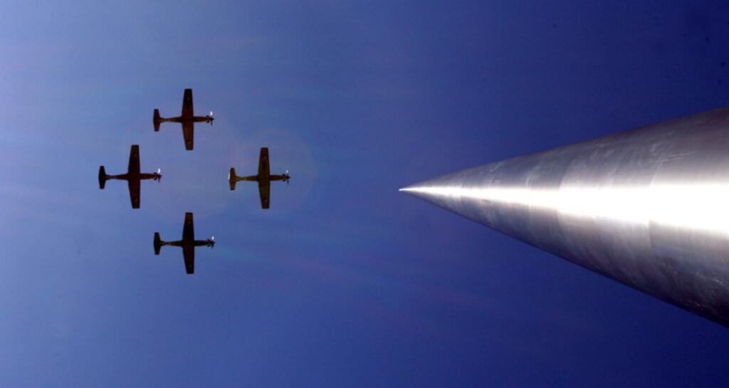Air Corps training aircraft fly over the Spire in Dublin. Photograph: Matt Kavanagh/The Irish Times