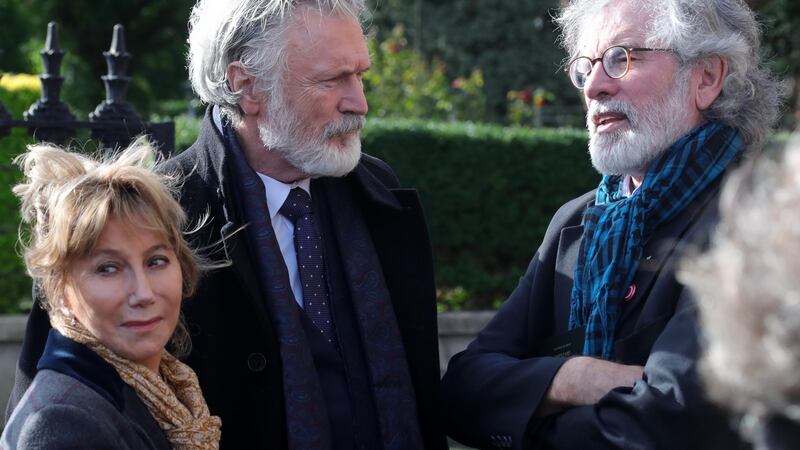 Helen Goldin, Patrick Bergin and Gerry Adams. Photograph: Colin Keegan/Collins