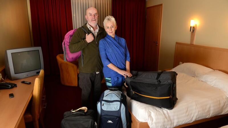 Anthony and Olive Travers from Ballyshannon, Co Donegal, with their bags packed. Photograph: Dara Mac Dónaill