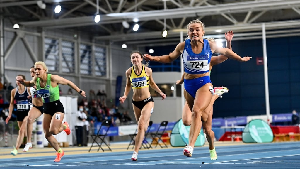 Molly Scott of St Laurence O’Toole AC, Carlow, right, dips for the line to win the senior women’s 60m final in a national record time of 7.19, after the final had to be re-run at the National Senior Indoor Athletics Championships at the National Indoor Arena in Dublin. Photograph: Sam Barnes/Sportsfile
