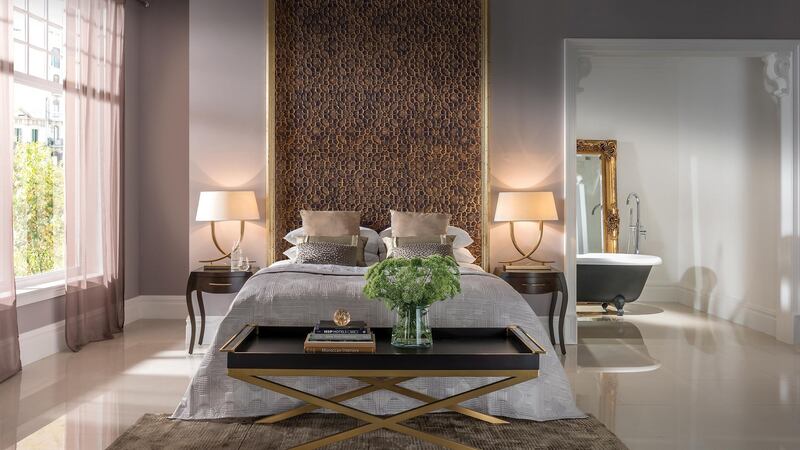 Room at the Elizabeth Hotel, London, which also features a lovely textured wall covering by Lincrusta