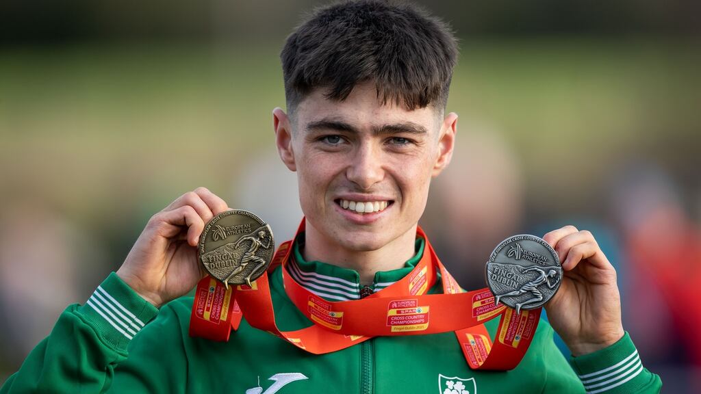 Darragh McElhinney with his silver medal for individual and gold team medal in the Under-23 European Cross Country Championships at Blanchardstown in December. ‘It is so exciting, there’s a good wave of runners coming through now, running really good times.’ Photograph: Morgan Treacy/Inpho
