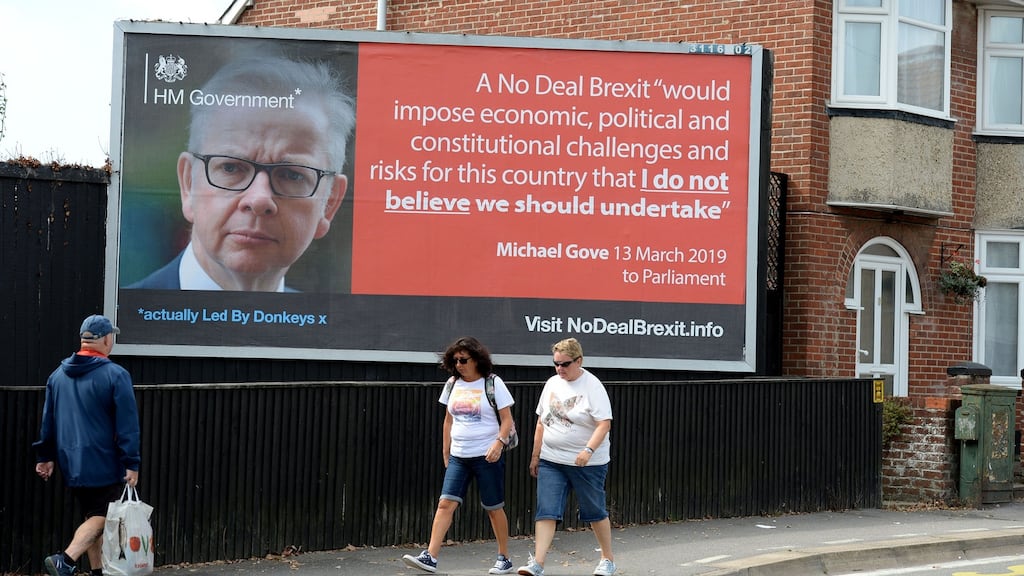 A Led By Donkeys billboard promoting Michael Gove’s no-deal Brexit comments. Photograph: Finnbarr Webster/Getty