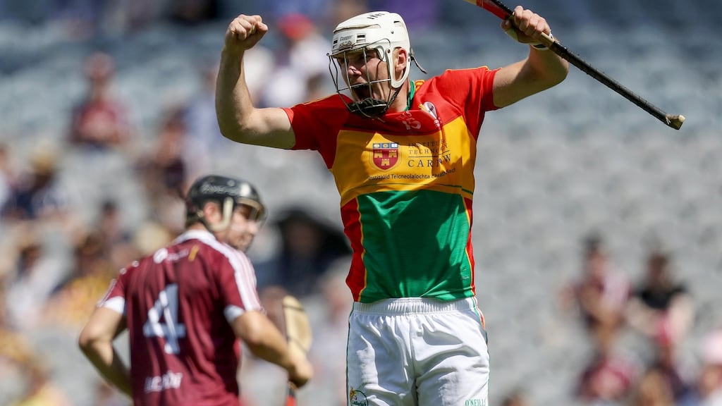 Carlow’s Chris Nolan celebrates scoring a goal in the Joe McDonagh Cup final. Photograph: Tommy Dickson/Inpho