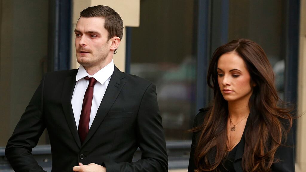 Adam Johnson arrives at Bradford Crown Court with his girlfriend Stacey Flounders. Photograph: Reuters