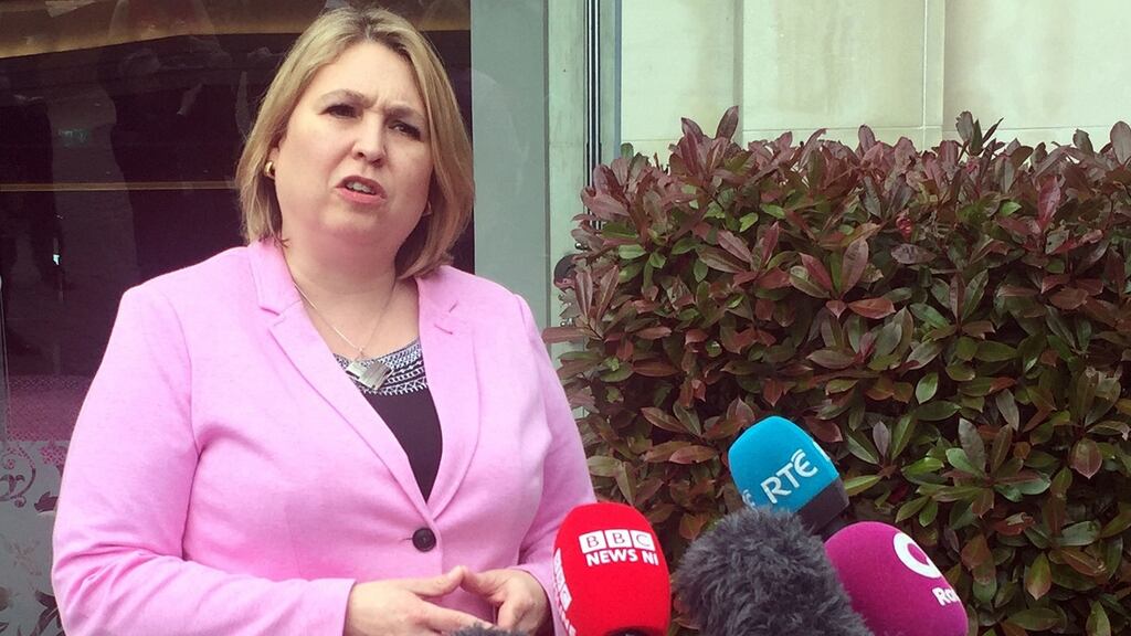 Secretary of State for Northern Ireland Karen Bradley speaks to the media outside Stormont Hotel in Belfast last month. Photograph: David Young/PA Wire