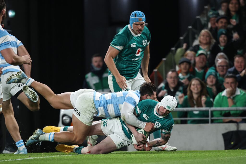 Mack Hansen scores for Irealand against Argentina. Only his try came from long range or recalled some of the exciting multiphase attacks of not so long ago. Photograph: Ben Brady/Inpho