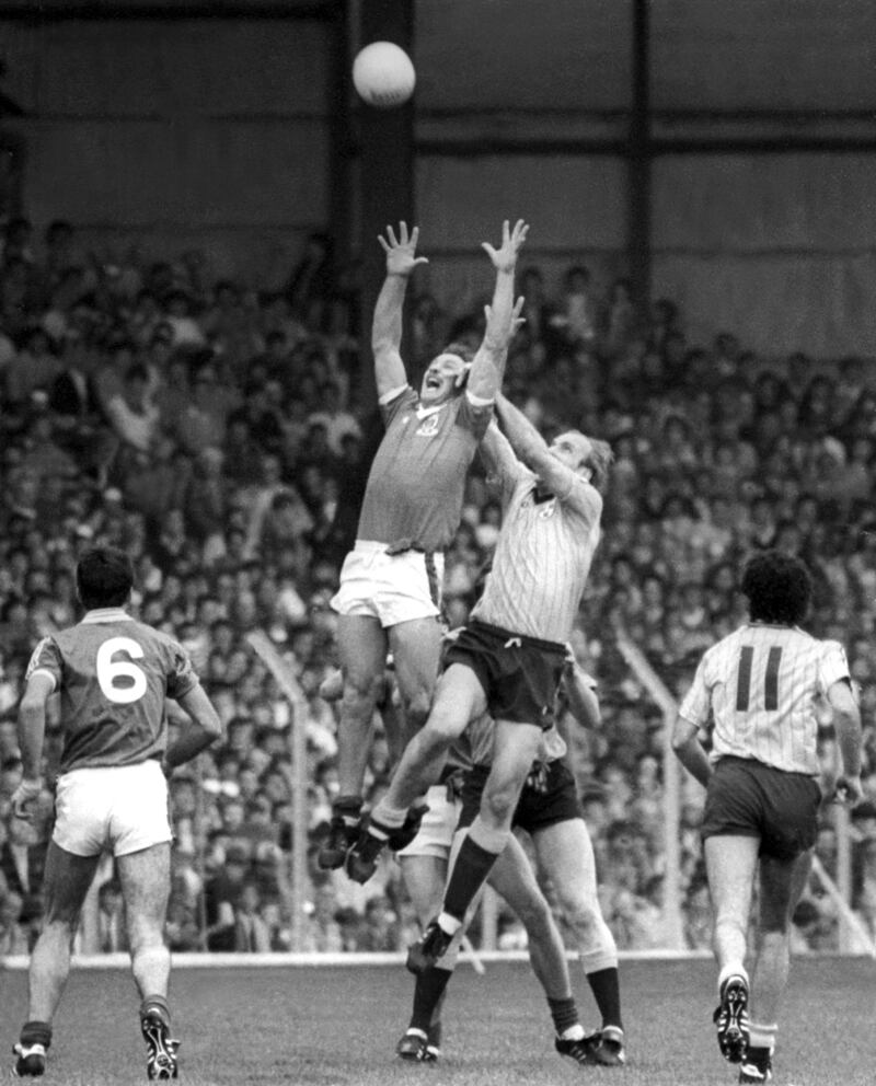 'This photograph of the great Willie Joe Padden soaring above Dublin’s Brian Mullins really captured the imagination of readers when it was published in August 1985. The game in question was the drawn All-Ireland semi-final, and although Mayo went on to lose the replay, the summer of ‘85 marked the beginning of a new era for GAA in the county after so many barren years.' Photograph: Henry Wills