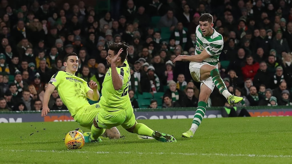 Ryan Christie scores for Celtic during the Scottish Premiership match against Hibernian at Celtic Park, Photograph: Ian MacNicol/Getty Images