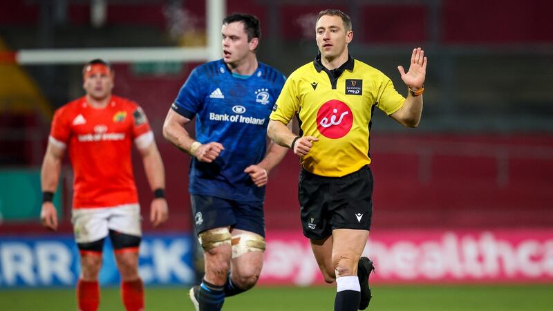 Referee Andrew Brace during the Pro14 clash between Munster and Leinster. Photograph: Inpho