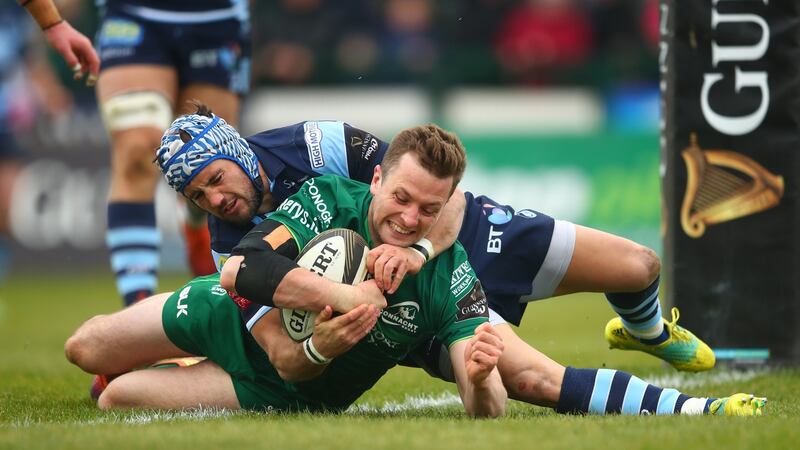 Connacht’s Jack Carty scores a try against Cardiff Blues. Photo: James Crombie/Inpho