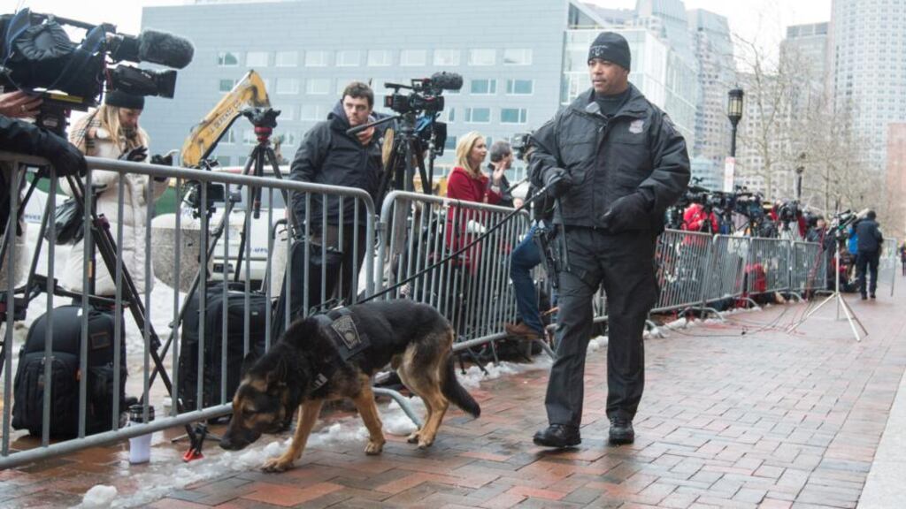 A police dog sniffs near news cameras outside the entrance to the John Joseph Moakley United States Courthouse during the trial of Dzhokhar Tsarnaev in relation to the 2013 Boston marathon bombings. Photograph: Scott Eisen/Getty Images