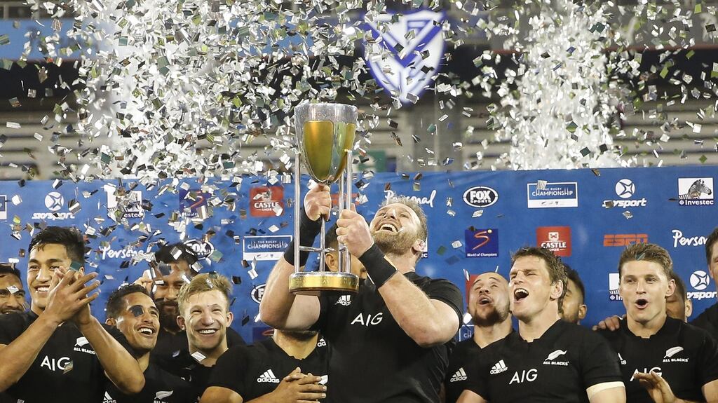 New Zealand’s Kieran Read holds up the Championship trophy after victory over Argentina at Jose Amalfitani Stadium in Buenos Aires, Argentina. Photograph: Gabriel Rossi/Getty Images