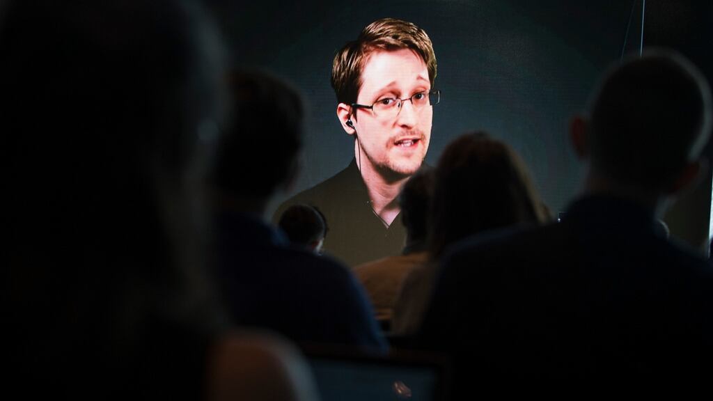 A file image from earlier this year of Edward Snowden speaking via remote at a research conference at the MIT Media Lab in the US. Photograph: The New York Times