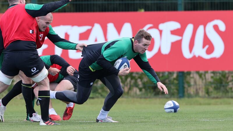 Chris Farrell and Jacob Stockdale in action during Ireland’s training session on Tuesday. Photograph: Billy Stickland/Inpho