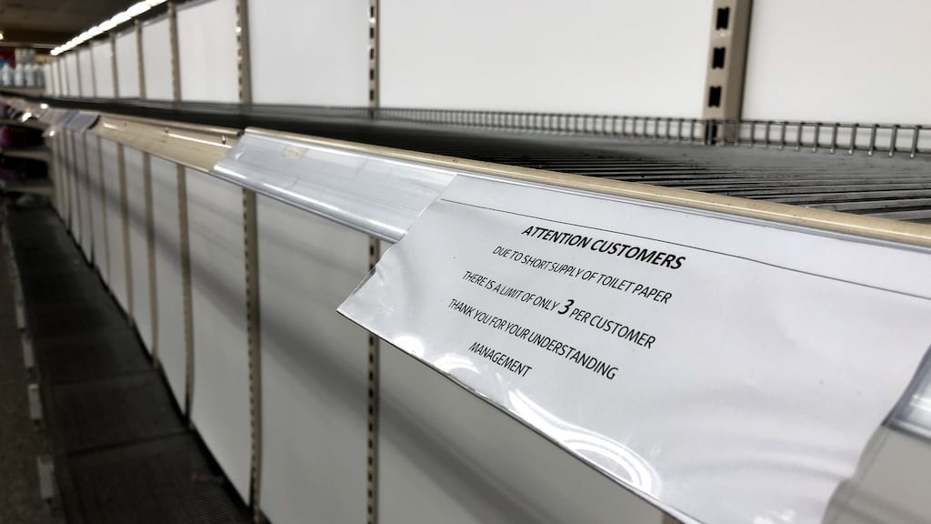 Empty toilet paper shelves in  a shopping centre in Sydney, Australia, as the public indulge in panic buying due to fears over the spread of coronavirus. Photograph: Paul Braven/EPA