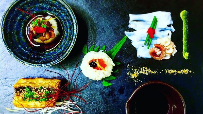 Takashi Miyazaki’s hassun, or mixed starters of octopus, pickled cod roe temari sushi, sea cucumber, mackerel nanban