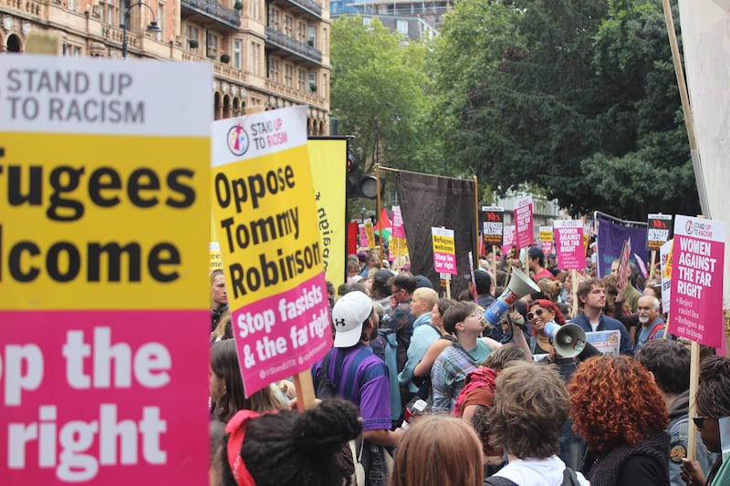 Demonstrators take part in the March Against Fascism, organised by Stand Up To Racism, in central London on Saturday. Photograph: Pol Allingham/PA Wire