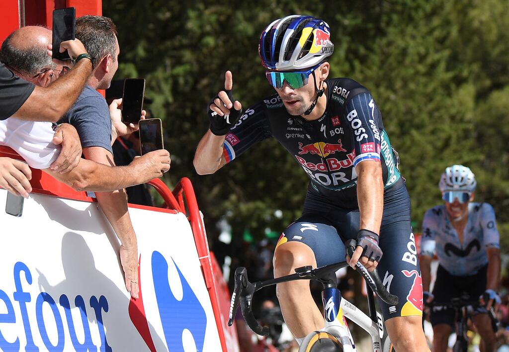 Team Bora's Primoz Roglic celebrates crossing the finish line in first place at the end of stage eight Vuelta a Espana between Ubeda and Cazorla. Photograph: Jorge Guerrero/AFP via Getty Images