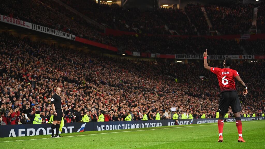 Manchester United’s Paul Pogba celebrates as he scores his team’s second goal during the win over Bournemouth at Old Trafford. Photo: Michael Regan/Getty Images