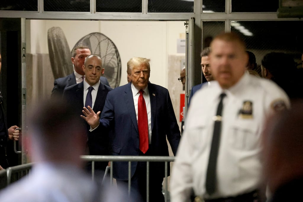 Former US president Donald Trump waves outside the courtroom during a break in his criminal trial at Manhattan Criminal Court in Manhattan, on Thursday, April 25th, 2024. Photograph: Jefferson Siegel/ New York Times