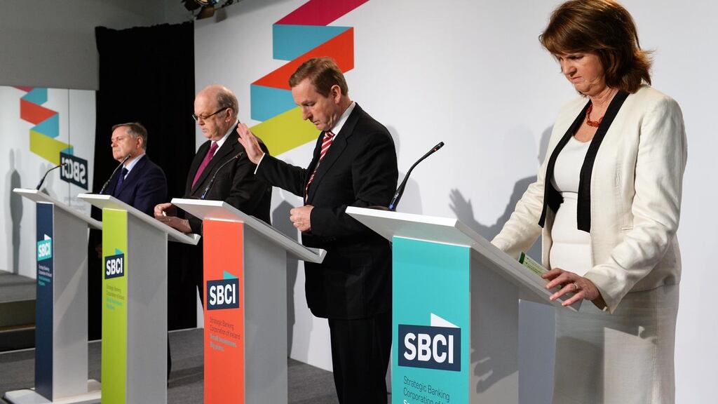 19/02/2015 BUSINESS FINANCE NEWS POLITICS Minister for Public Expenditure Brendan Howlin and Minister for Finance Michael Noonan at the SBCI funding for SMEs, at The Liffey Trust, Dublin. Photograph: Eric Luke / The Irish Times