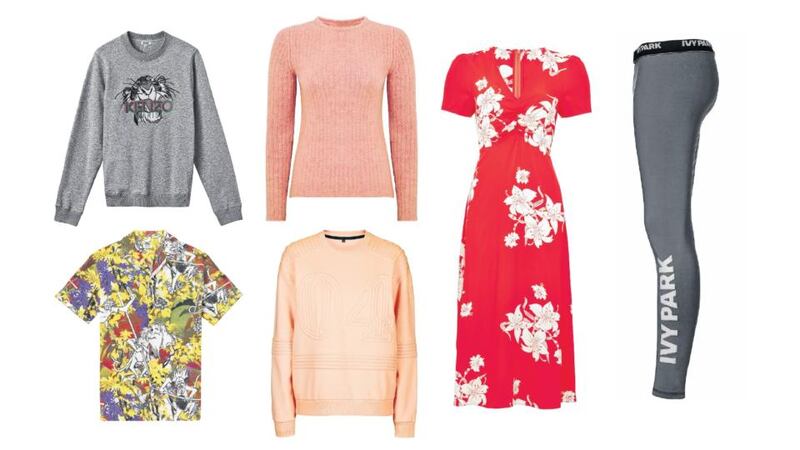 Clockwise from top left: Kenzo jumper, €195; Myrtle jumper, €44 from M&S; Misty dress, €68 from Marks & Spencer; full-length Ivy Park leggings, €35; Ivy Park corded sweatshirt, €62 from Topshop; and Kenzo poplin shirt, €190