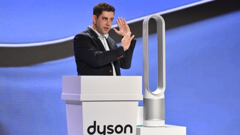 Paul Dawson presenting the Dyson Pure Cool Link, a cooling fan that has year-round air purification built in