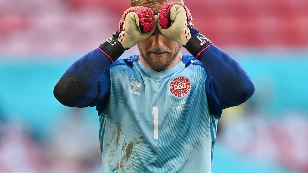Denmark goalkeeper Kasper Schmeichel   looks dejected during the  match against Belgium at Parken Stadium on June 17th  in Copenhagen, Denmark. Photograph: Stuart Franklin/Getty Images