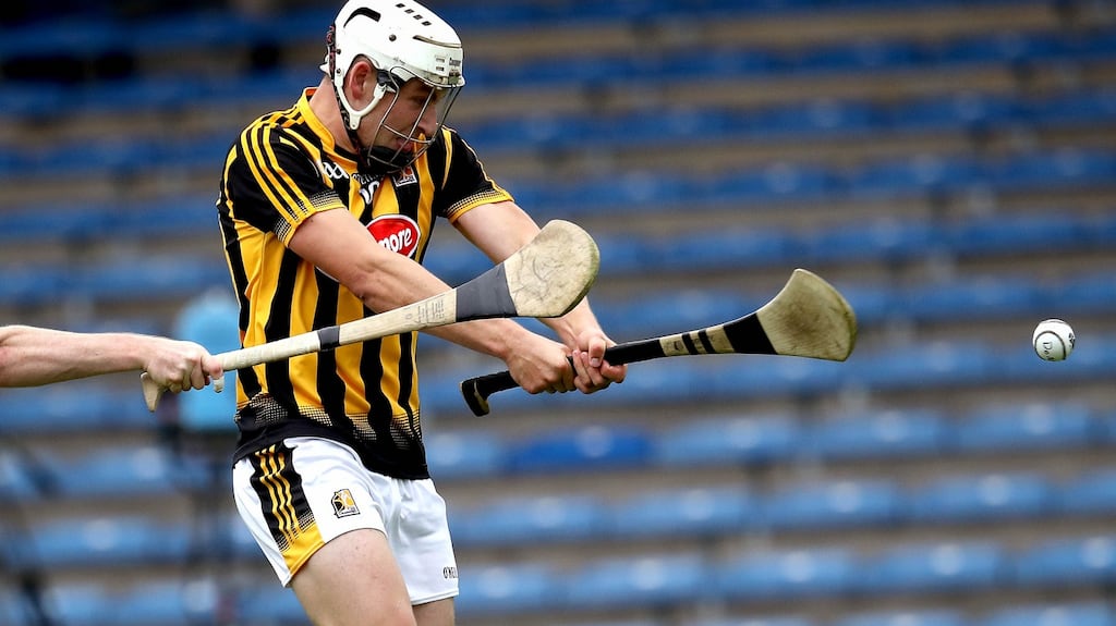 Kilkenny’s Eoin Kenny scores one of their eight goals against Derry. Photograph: Ryan Byrne/Inpho