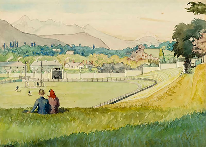 Kernoff watercolour entitled 'Fitzgerald Park, Killarney', featuring a couple seated on a grassy hill above the town's GAA grounds looking towards the Magillicuddy Reeks. © Estate of Harry Aaron Kernoff