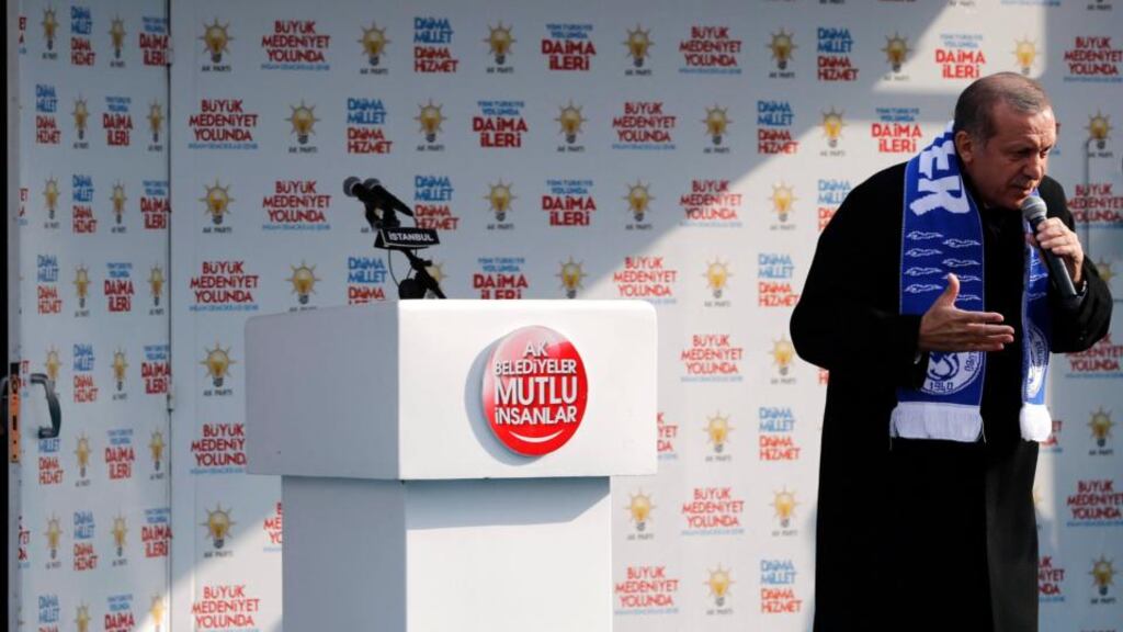 Turkish prime minister Recep Tayyip Erdogan speaks during an election campaign rally in Istanbul yesterday. Photograph: Tolga Bozoglu/EPA.