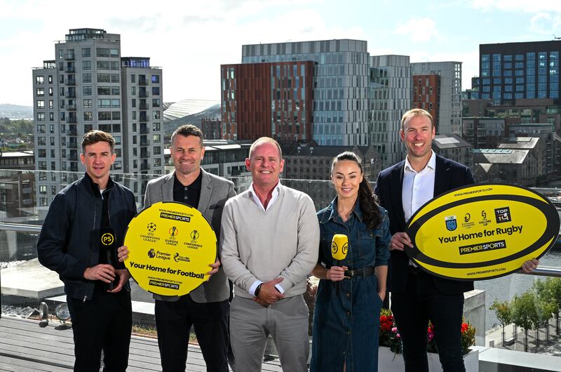 Premier Sports chief executive Ryle Nugent (centre) with UCD footballer Ronan Finn, former Republic of Ireland goalkeeper Shay Given, presenter Aisling O'Reilly and former Ireland and Ulster rugby player Stephen Ferris. Photograph: David Fitzgerald/Sportsfile