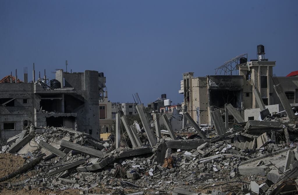 Destroyed Palestinian houses in Al Nusairat refugee camp in southern Gaza Strip. Photograph: Mohammed Saber/EPA