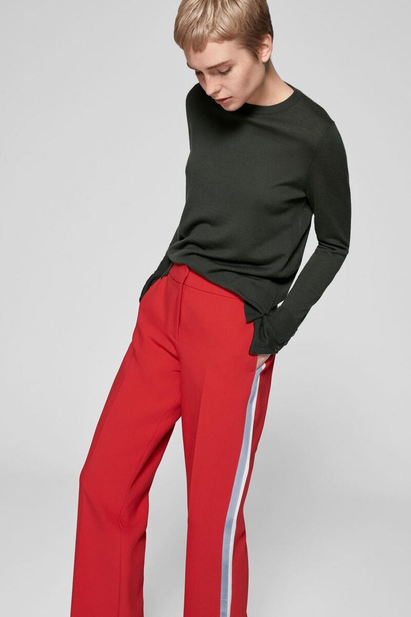 Me+Em has released red “man pants” with go-faster stripes in pale blue and white for €192