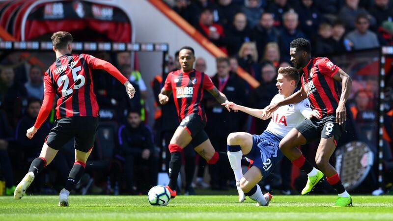 Juan Foyth was shown a straight red card for a tackle on Bournemouth’s Jack Simpson. Photograph: Dylan Martinez/Reuters