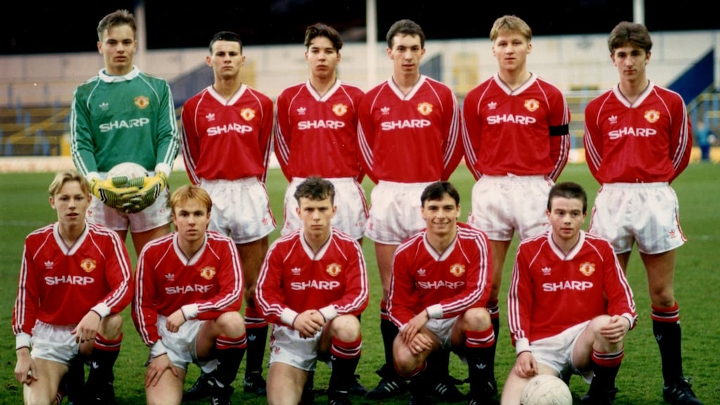 Adrian Doherty (extreme right, front row) lines out for Manchester United in the FA Youth Cup semi-final in 1990. Photograph: Getty Images