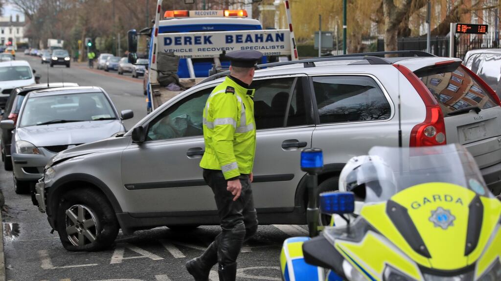 The scene of crash on Waterloo Road, Dublin where a Volvo SUV crashed into a Dublin City Council dust cart. Photograph: Colin Keegan, Collins Dublin.