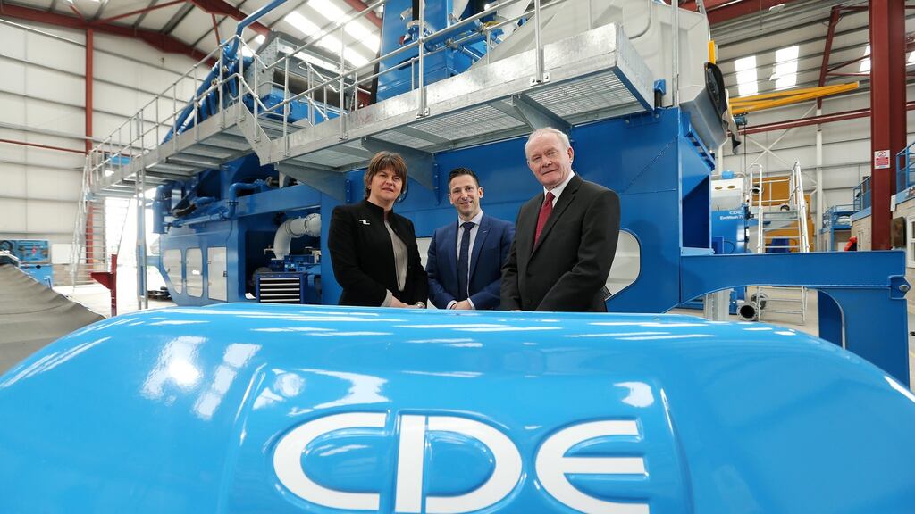 First Minister Arlene Foster and deputy First Minister Martin McGuinness with CDE managing director Brendan McGurgan