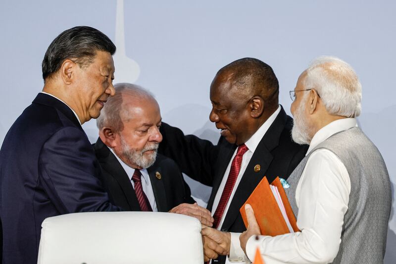 President of China Xi Jinping, Brazilian president Luiz Inacio Lula da Silva, South African president Cyril Ramaphosa and Indian prime minister Narendra Modi during the 2023 Brics Summit in Johannesburg. Photograph: Marco Longari/AFP via Getty Images