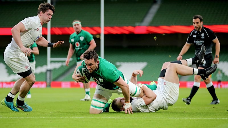 Ireland’s Jack Conan scores the first try of the match at the Aviva. Photograph: Inpho