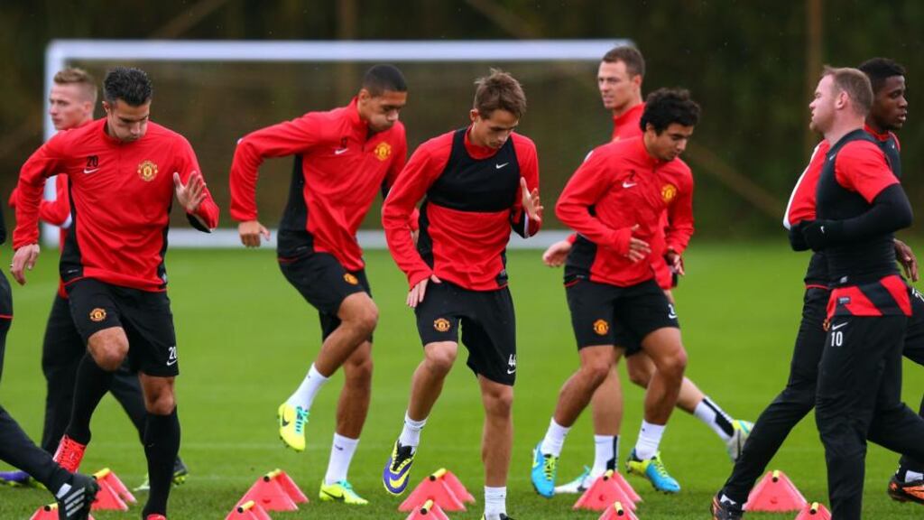 Adnan Januzaj, centre, training with his Manchester United team-mates at the club’s Aon Training complex in Manchester yesterday. Photo: Alex Livesey/Getty Images