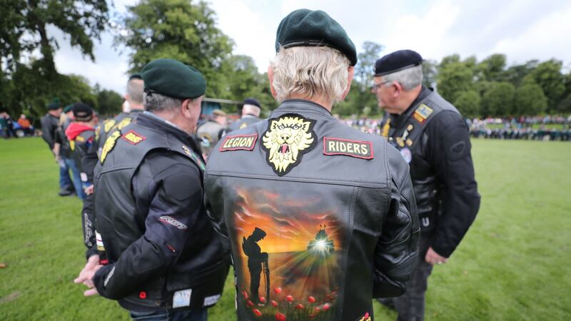 Members of the Royal British Legion Riders branch gather ahead of a drumhead service in Wallace Park, Lisburn, during a Northern Ireland Veterans Association event to mark the 50th anniversary of Operation Banner. Photograph: Niall Carson/PA Wire