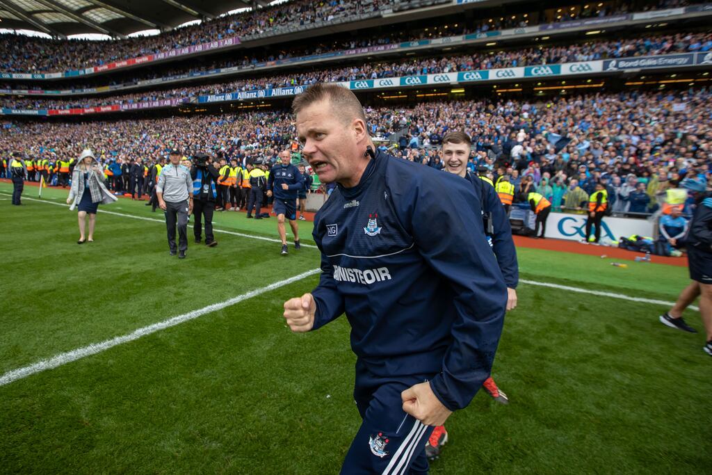 Dessie Farrell celebrates Dublin's victory over Kerry. He has Dublin to five All-Ireland titles, two at senior level (2020, 2023), two at under-21 level (2014, 2017) and one at minor (2012). Photograph: Morgan Treacy/Inpho
